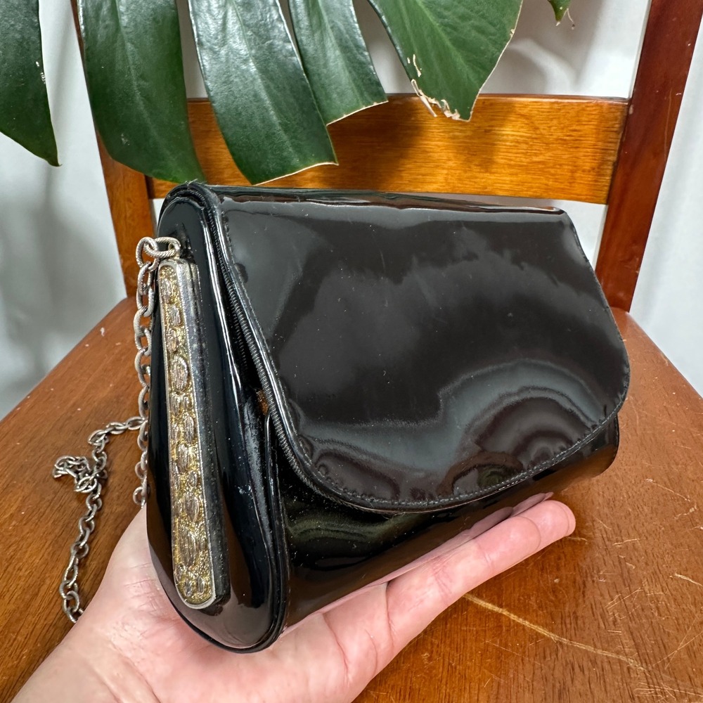 Vintage Evening Bag Womens Small Black Good‎ Patent Chain Strap Clutch